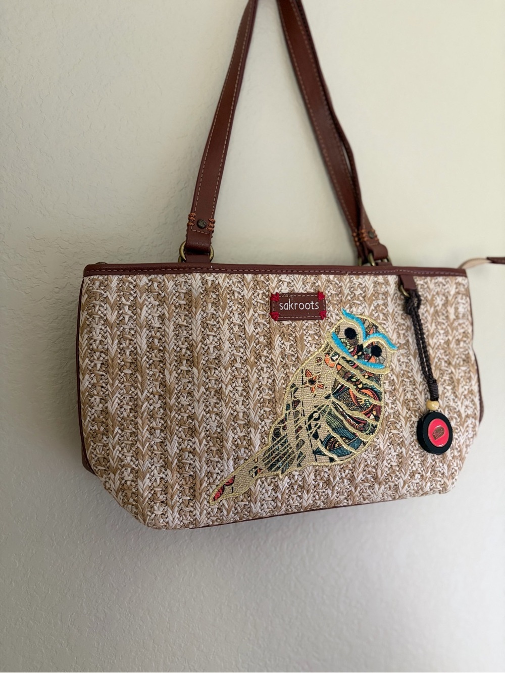 Sakroots Owl Straw Tote Shoulder Bag Woven Raffia Peace Charm Boho - Picture 4 of 15